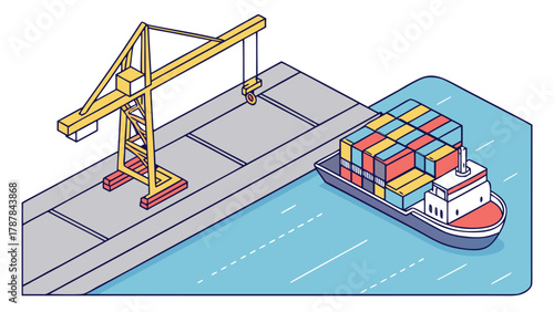 Cartoon vector of seaport containers on cargo ship, import-export shipping from China, logistic element for global trade.