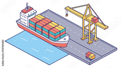Seaport containers on cargo ship, logistic import from China, export shipping element, vector cartoon illustration for logistics.