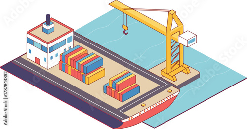 Vector cartoon of seaport containers on cargo ship, logistic import-export from China, shipping element, global trade concept.