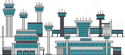 Airport terminal illustration, control tower skyline, modern aviation architecture, transportation hub design, glass facade buildings, air traffic infrastructure, stylized airport 