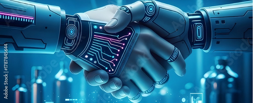 Futuristic Robot Handshake Symbolizing Artificial Intelligence Collaboration. Futuristic AI  Robot Handshake Concept, Robot-Human Handshake for AI Collaboration
