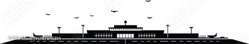 Airport terminal silhouette, control tower, airplanes in flight, runway layout, aviation infrastructure, black and white vector, editable, isolated, minimal design, transport hub, graphic, modern