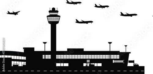 Airport terminal silhouette, control tower, flying airplanes, ground vehicles, air traffic, aviation infrastructure, black and white vector, travel concept, editable, minimal, isolated, graphic