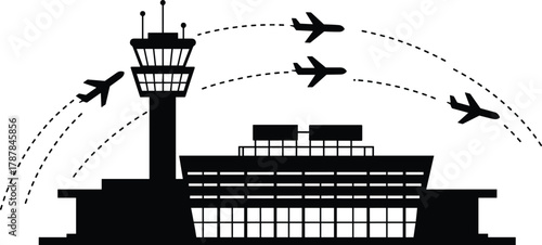 Airport terminal silhouette, control tower, flying airplanes, aviation infrastructure, black and white vector, travel concept, air traffic, minimal design, editable, isolated, graphic