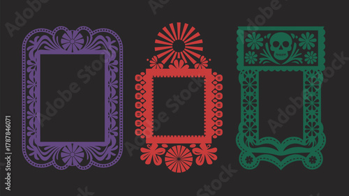 Mexican papel picado frame designs, ornate borders with skull motifs, floral patterns and decorative colorful edges in yellow, blue and pink, traditional dia de los muertos celebration banners
