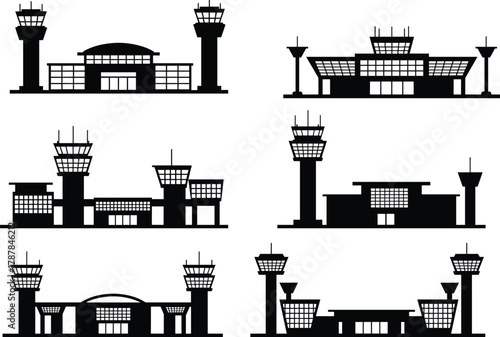 Airport terminal silhouettes, control towers, architectural variety, aviation infrastructure, black and white vector, travel concept, air traffic, minimal design, 