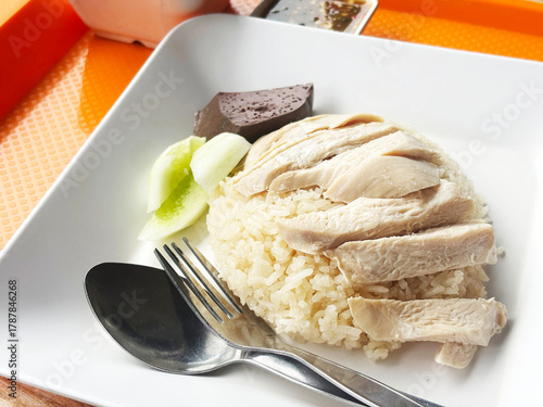 Thai-Chinese dish featuring tender chicken slices over fragrant rice, blood jelly, cucumber, and savory sauce. A classic Asian meal with bold flavors and traditional ingredients