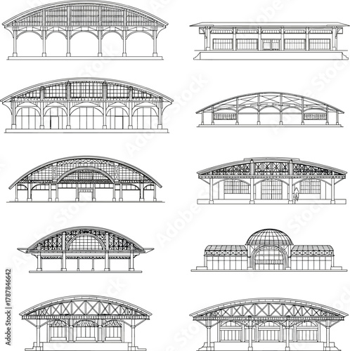 Architectural elevation drawings of market hall buildings, front and side views, steel and glass structures, pavilion design, public architecture, construction concept, blueprint style