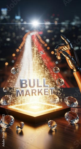 Bull Market Futuristic Concept Art: Golden Holographic Data Structure with Robotic Arm Over Night Cityscape