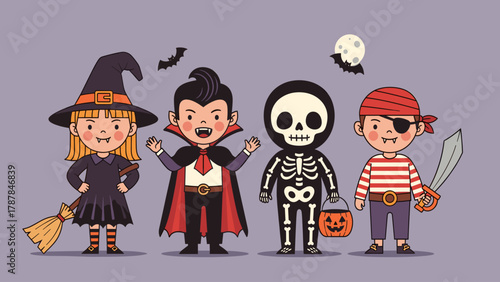 Cute Cartoon Kids in Halloween Costumes: Witch, Vampire, Skeleton, Pirate Characters with Spooky Elements