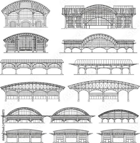 Architectural elevation drawings of train station sheds, historical and modern styles, arched roof structures, glass facades, public transport infrastructure, 
