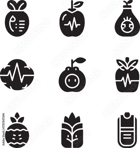 Collection of stylized icons depicting fruits and objects with health symbols apple heart