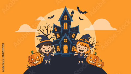 Happy Witches and Haunted House Halloween Illustration with Pumpkins and Bats