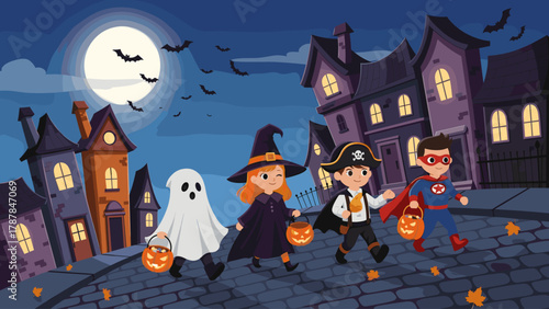 Children in Halloween costumes trick-or-treating on a spooky street at night with full moon and bats