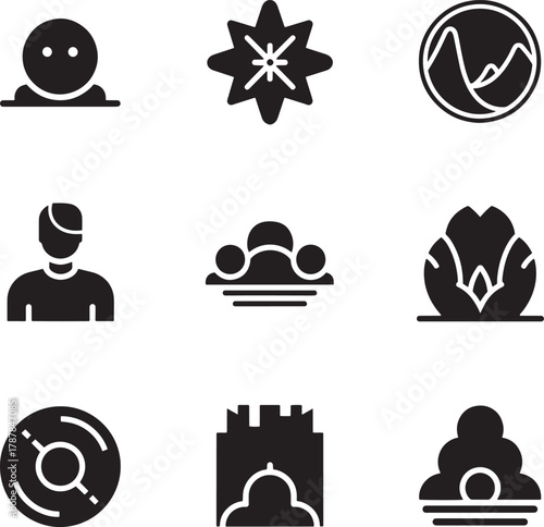 Collection of nine diverse black and white graphic icons symbol abstract