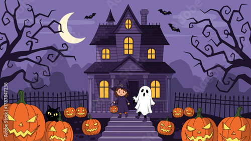 Halloween night illustration with haunted house, trick-or-treating kids, jack-o'-lanterns, bats, and spooky trees