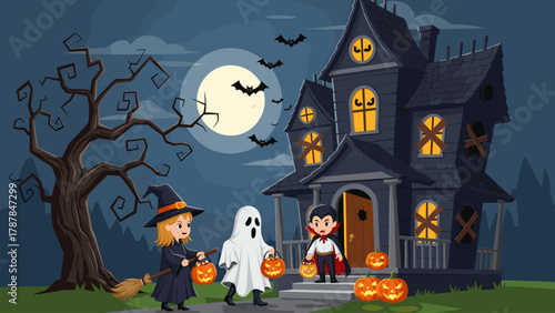 Cartoon Kids Trick-or-Treating at a Spooky Haunted House on Halloween Night with Full Moon and Bats