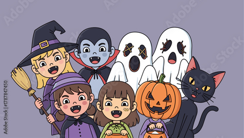 Happy Halloween cartoon characters: kids in witch, vampire, ghost, and black cat costumes. Festive spooky holiday illustration for children