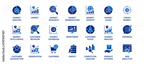 Market Analysis icon set containing market, research, segmentation, growth, share and target market vector icons