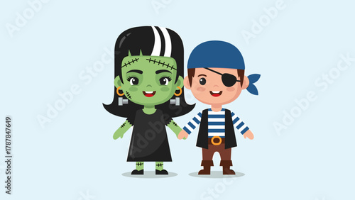 Cute cartoon Frankenstein's bride and pirate characters holding hands, Halloween costume party illustration