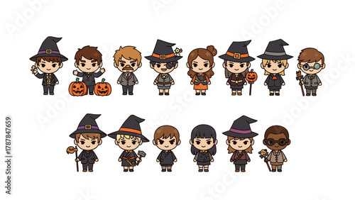 Cute Chibi Halloween Witch and Wizard Character Set Vector Illustration
