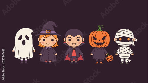 Chibi Halloween Characters Set: Cute Ghost, Witch, Vampire, Pumpkin, Mummy Costumes