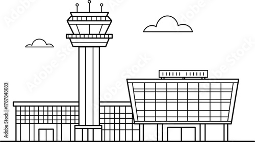 Modern airport terminal building with air traffic control tower, aviation infrastructure illustration, minimal line art design showing travel, transportation, 