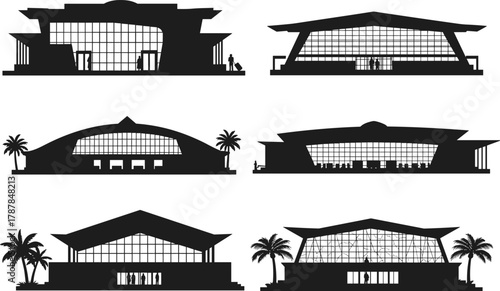 Modern building silhouettes, tropical architecture icons, black urban structures, stylized roof designs, glass facade shapes, vector skyline layout, infrastructure concept, public space illustration
