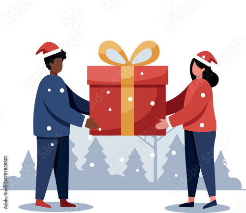 A diverse man and woman in winter attire exchange a large red gift box with a yellow ribbon in a snowy scene.