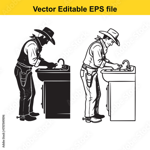 Cowboy washing hands at a sink, illustration in silhouette and line art