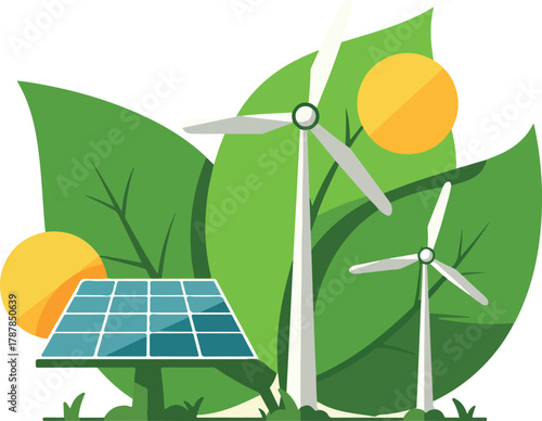 Illustration of solar panel and wind turbines with green leaves and yellow suns on a white background, symbolizing renewable energy and sustainability.