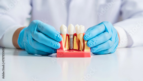 Dentist in blue gloves holding and demonstrating a dental implant model, explaining anatomy, surgical procedure, and prosthetic tooth placement for oral health and hygiene education