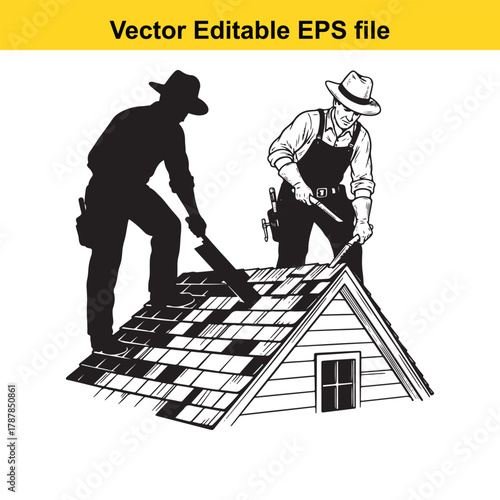 Cowboy repairing a roof, illustration in silhouette and line art