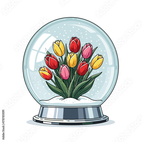 Colorful tulips inside a snow globe with falling snowflakes  