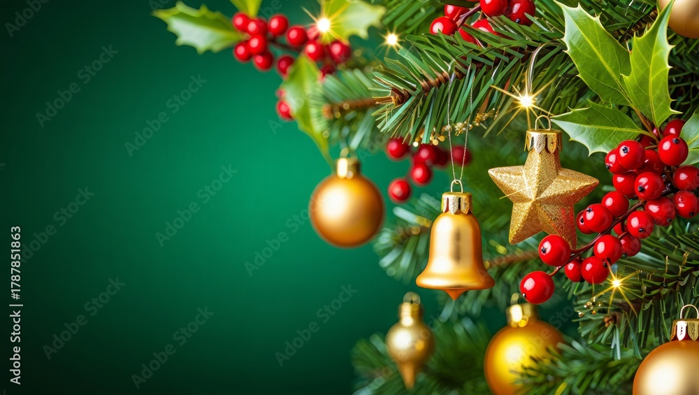 Naklejka premium Decorated evergreen branch with golden star and bell ornaments, bright red holly berries and green leaves against a rich green background with generous copy space