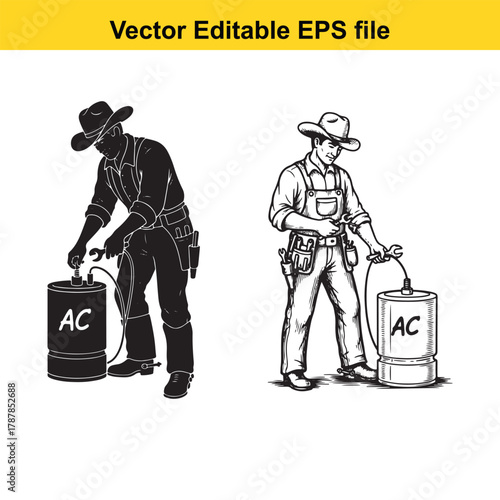 Cowboy operating an air conditioner unit, illustration in silhouette and line art