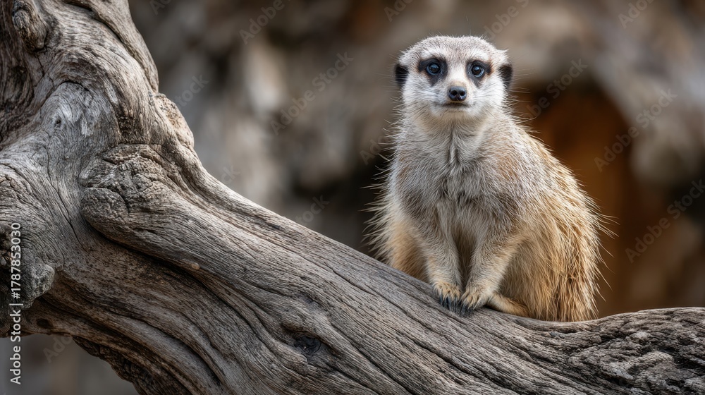 Fototapeta premium A lone meerkat perched on a fallen log observing its environment