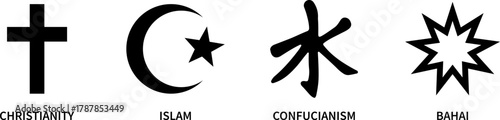 Christianity, Islam, Confucianism and Bahai symbols.Religious icons. Vector