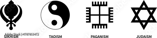 Sikhism,Taoism, Taoism, Paganism and Judaism symbols. Religious icons. Vector