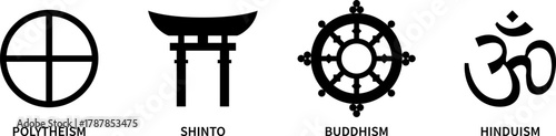 Polytheism, Shinto, Buddism, Hinduism symbols. Religious icons. Vector