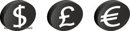 Euro, dollar and pound currency symbols. Popular international currency sign. Money black color coin icons. Vector