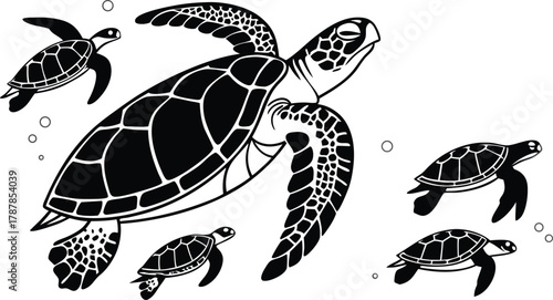 Majestic sea turtle leads a group of smaller turtles through clear ocean waters, symbolizing family and natural beauty.
