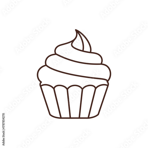 Cupcake with swirl of frosting sits isolated on white surface, simple line drawing style for sweet treat concept.