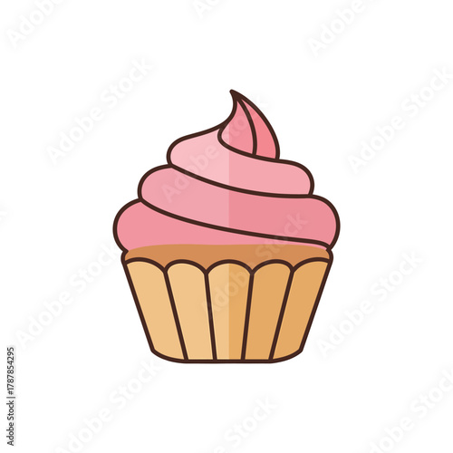 Pink frosted cupcake sitting on white surface, tempting treat with sweet frosting and golden base, perfect for dessert or celebration.