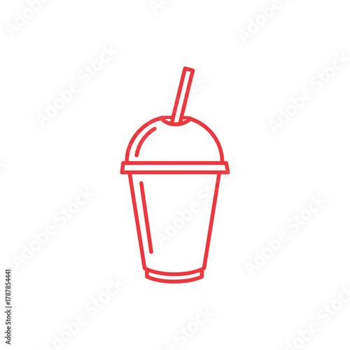 Red plastic cup with straw sits on white table representing refreshing drink on hot day, simple and clean style.