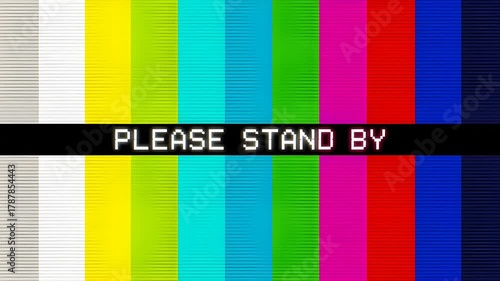 Please stand by screen with color bars pattern background with static noise