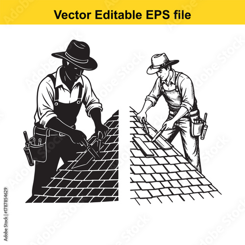 Two construction workers in cowboy hats installing roof shingles, one in silhouette and one in detailed line art