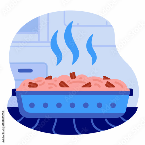 Sweet potato casserole, baked dish, delicious aroma, blue background