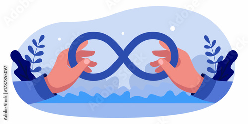 Symbol of infinity, hands holding infinity sign, concept of eternity, blue background