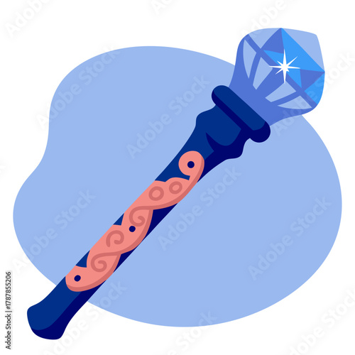 Wizard staff with crystal, magical accessory, fantasy element, blue background
